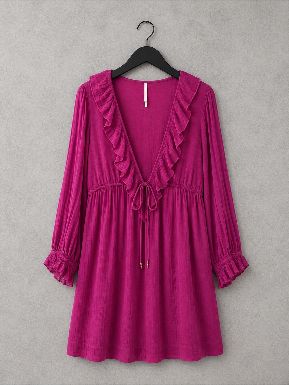 Free People Magenta Ruffle Tie Front Babydoll Dress Boho Long Sleeve Large